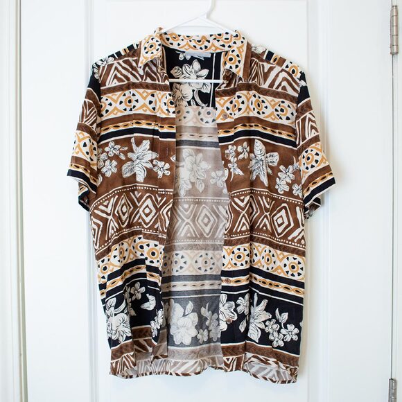 VTG Tribal Floral Shirt Vacation Dadcore Brown Tan Button Up XL | Soft Autumn - Picture 1 of 6